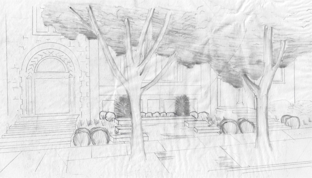 A hand drawing of the "Gathering Garden" following water supply line replacement including benches, native plants, and trees.