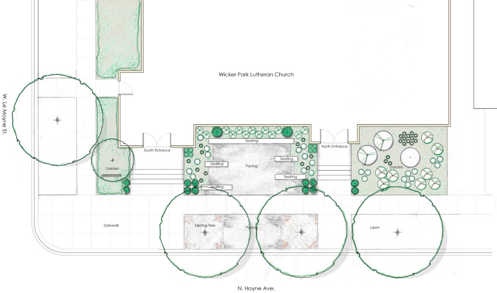 Site design plan for the gathering garden showing benches along with native trees and shrubs.