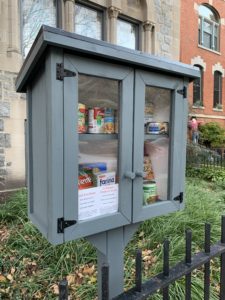 A picture of the little free pantry located at Wicker Park Lutheran Church.