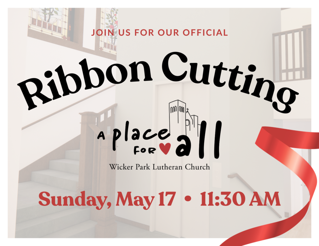 Text reads: Join us for our official Ribbon Cutting. Sunday, May 17 at 11:30am for the A Place for All campaign. A decorative ribbon twirls on the right side, with an image of the ADA accessible space in the background. 
